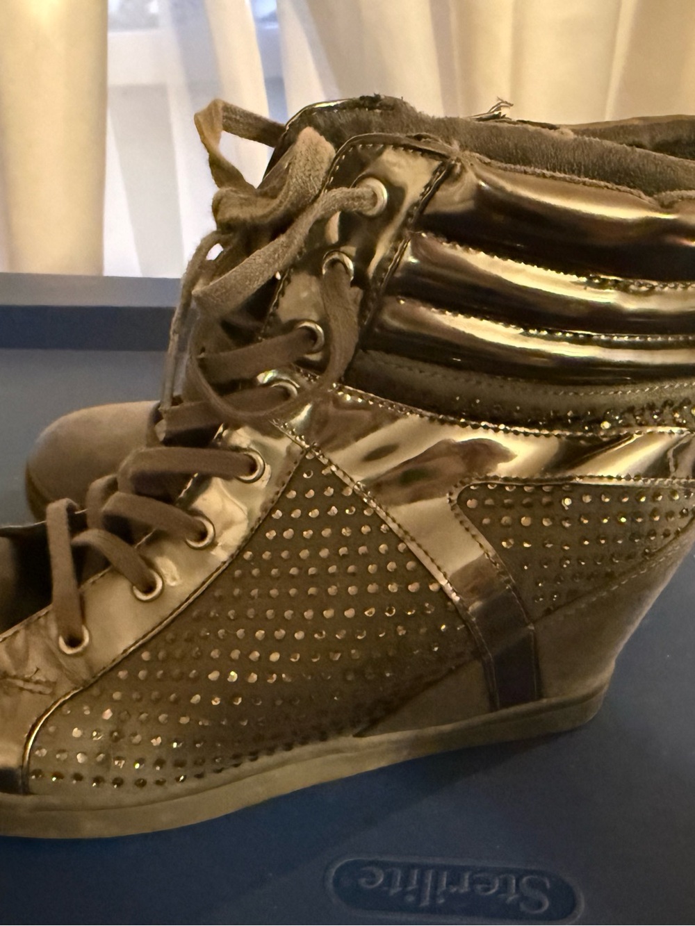 Women's Hidden Wedge Lace-Up High-Top Sneakers - Metallic Gray -made in Italy